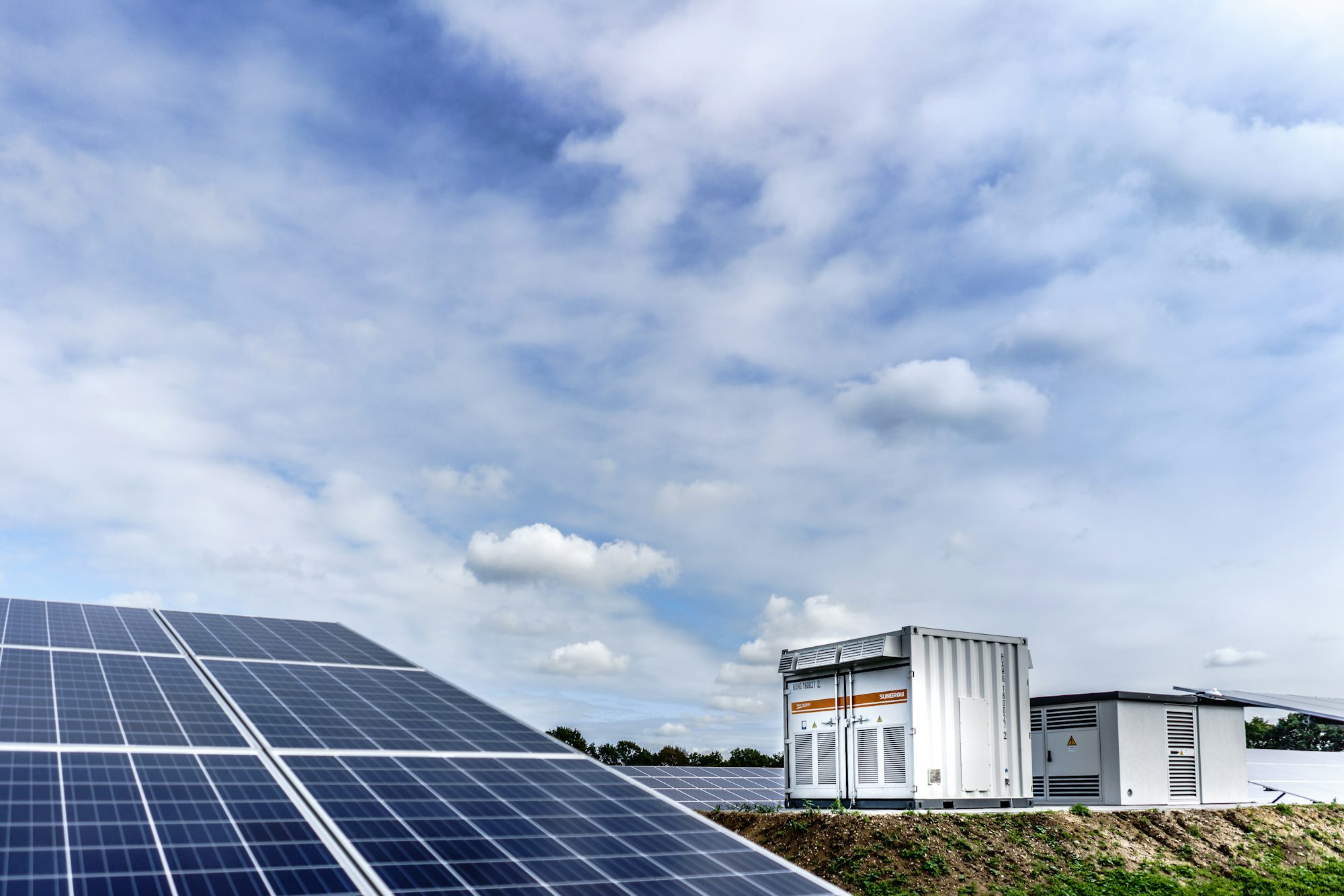 Solar array against a modern building