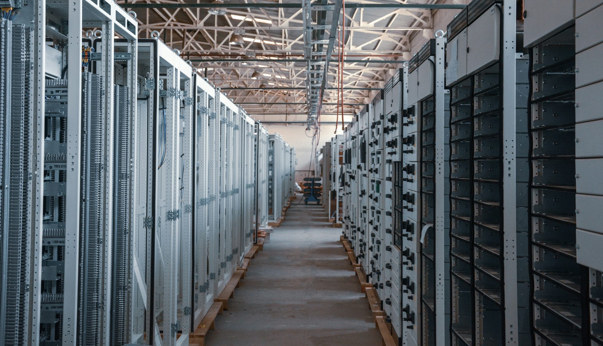 Rows of battery and server infrastructure